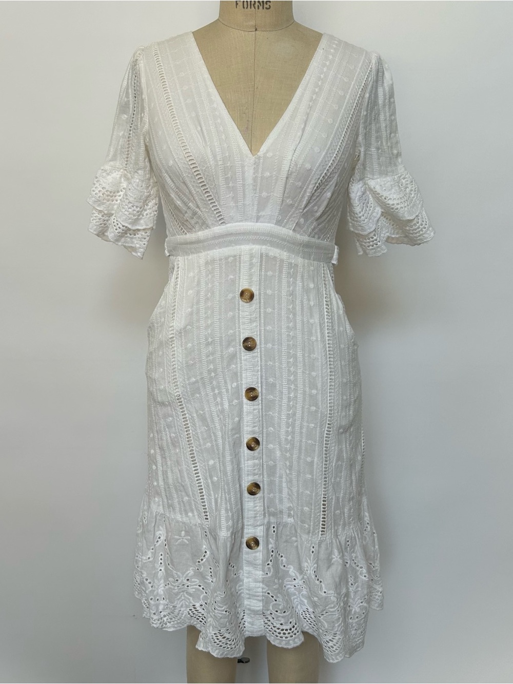 Aqua White Eyelet Button-Front Midi Dress